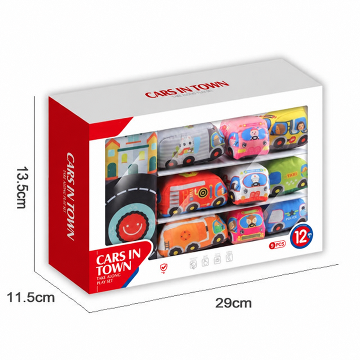 Boxed toy car and road mat set with package measurements marked