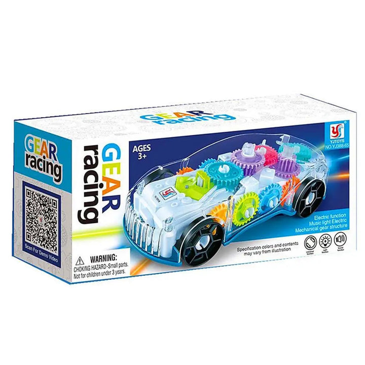 Retail box displaying the transparent toy racing car with multicolored gears