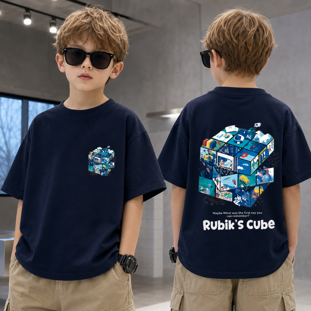 Boy wearing a navy blue puzzle-cube T-shirt and beige shorts, shown from the front and back