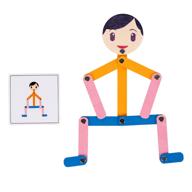 Boy-style jointed figure in a squat beside a matching pose card