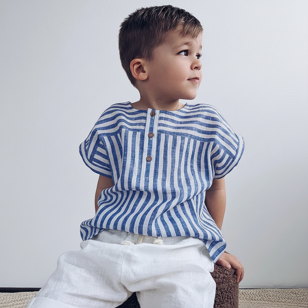 Boy seated in a blue striped short-sleeve shirt and white shorts