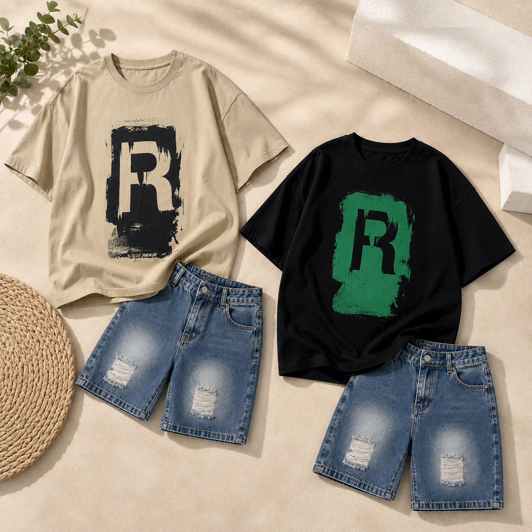 Beige and black R-graphic T-shirts paired with blue distressed denim shorts.