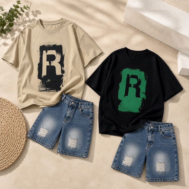 Beige and black R-graphic T-shirts paired with blue distressed denim shorts.