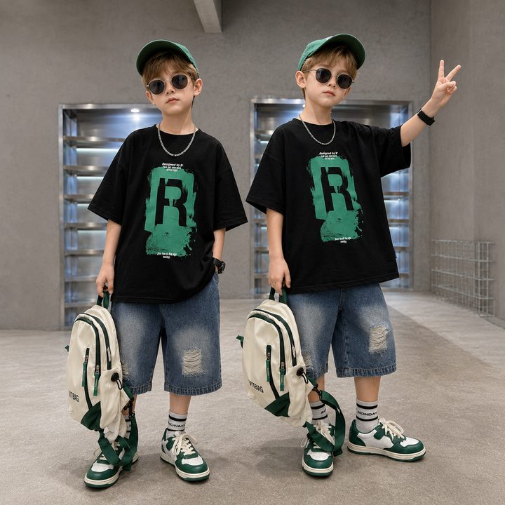 Two boys modeling black R-graphic T-shirts with distressed blue denim shorts.