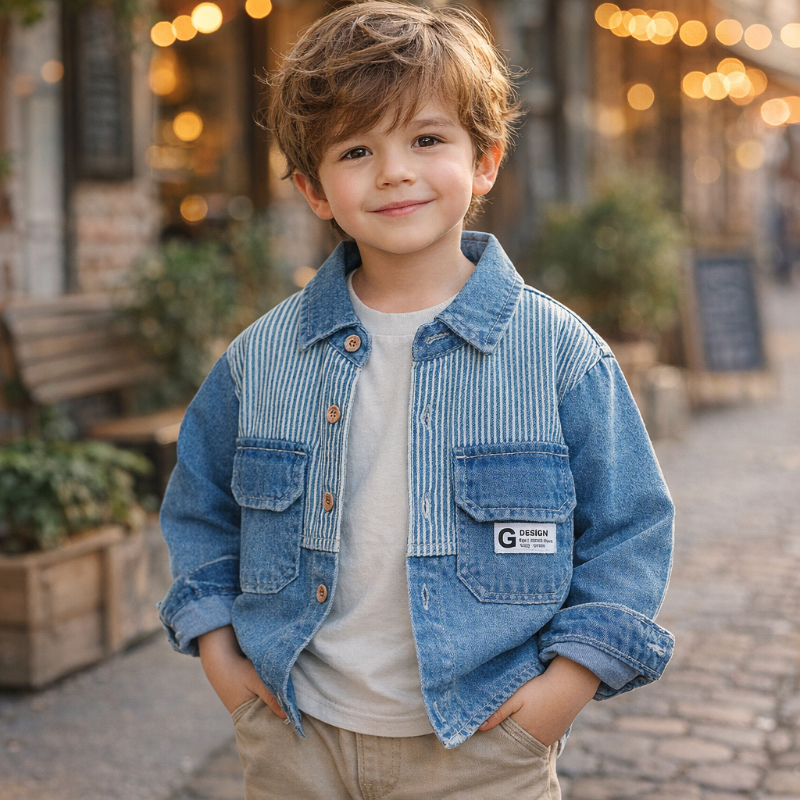 Front view of a boy wearing the blue denim jacket open over a white T-shirt.