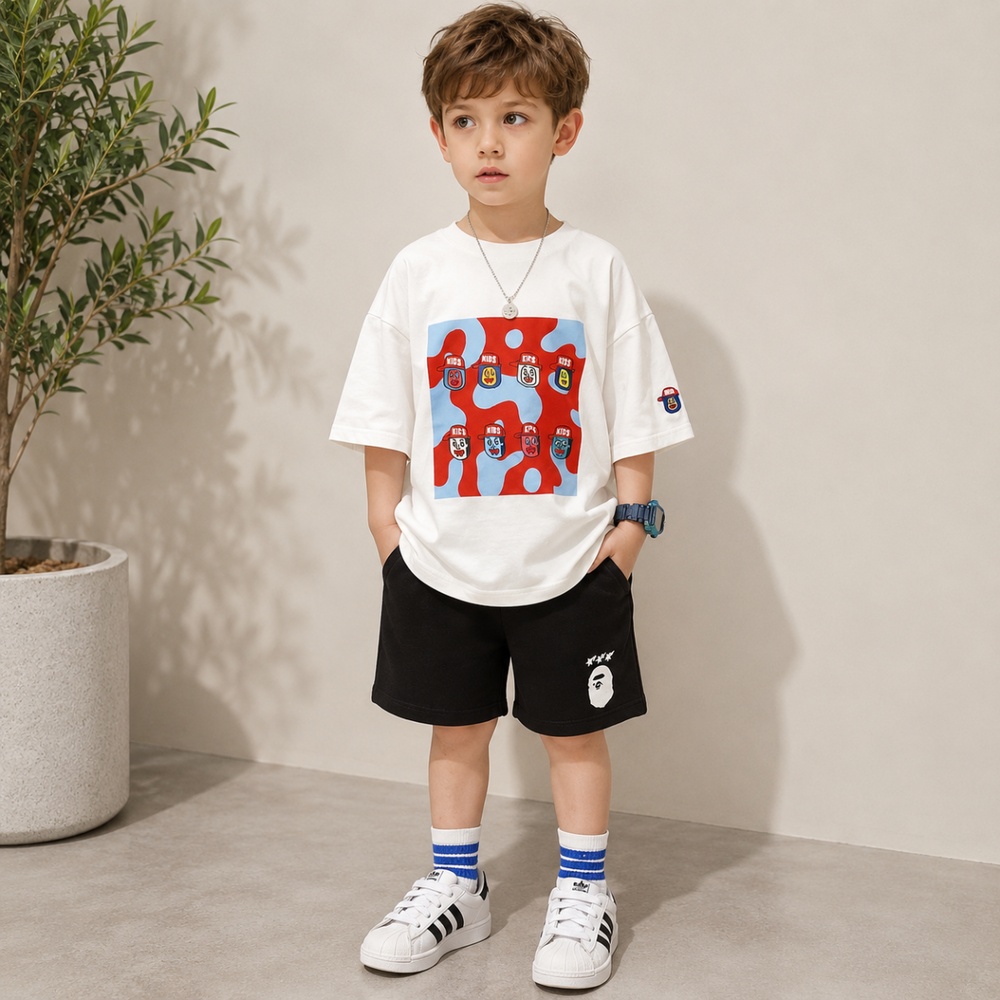 Boy wearing a loose white graphic T-shirt with black shorts and sneakers indoors