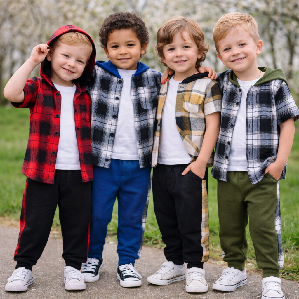 Boys modeling red, blue, khaki and green plaid outfit sets outdoors