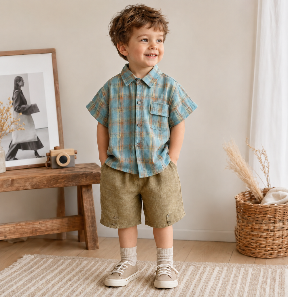 Boy wearing a blue plaid button-front shirt with olive-green shorts