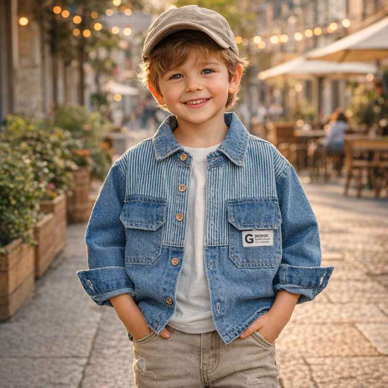 Boy wearing a blue striped denim jacket with rolled cuffs, beige pants and a cap.