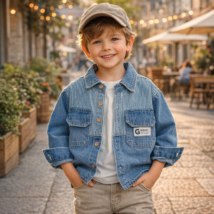 Boy wearing a blue striped denim jacket with rolled cuffs, beige pants and a cap.