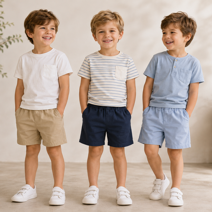 Three boys wearing khaki, navy and light blue summer shorts with T-shirts