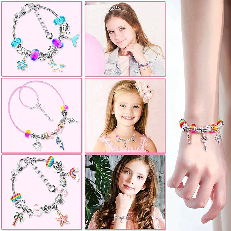 Charm bracelets, a beaded necklace, and examples of the jewelry being worn
