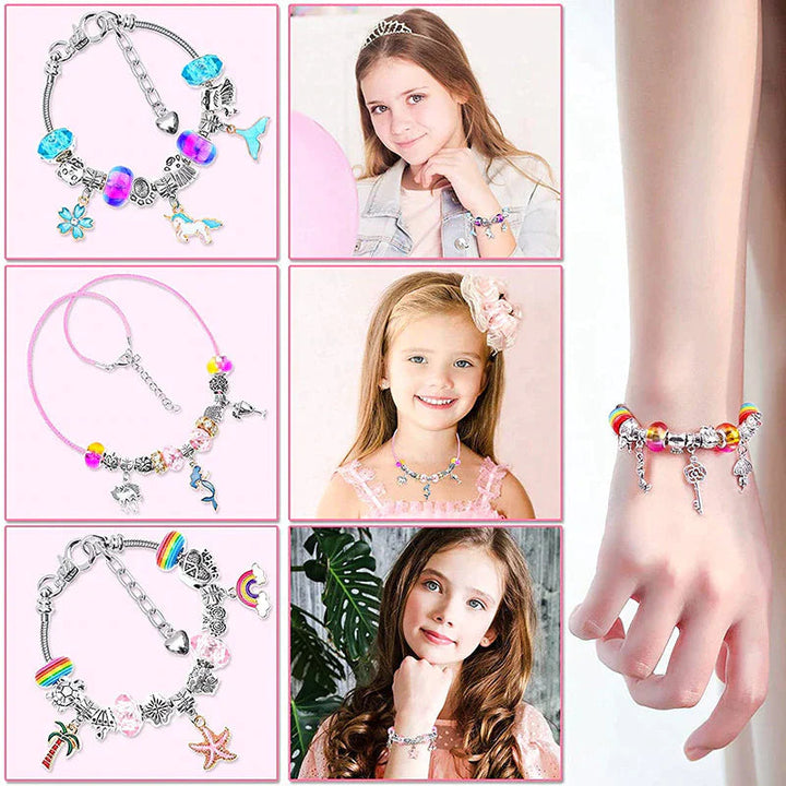 Charm bracelets, a beaded necklace, and examples of the jewelry being worn