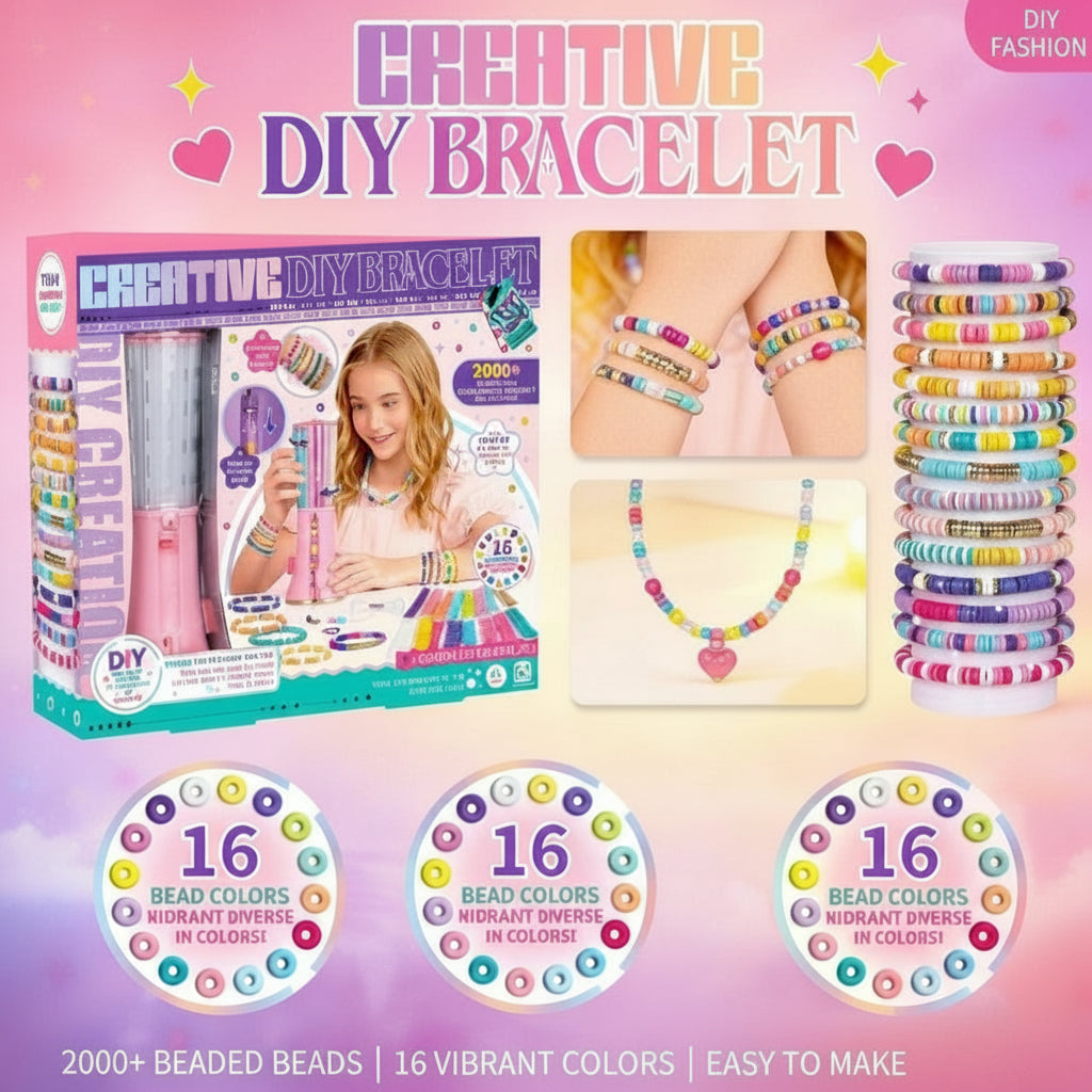 Bracelet craft kit packaging with colorful bracelets, a beaded necklace, and 16-color bead graphics