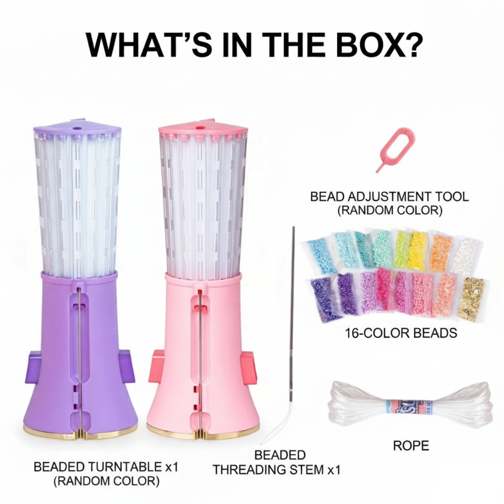 Kit contents with 16-color beads, cord, threading stem, adjustment tool, and pink and purple turntable examples