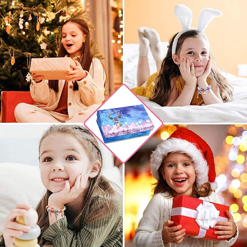 Children in a gift-themed collage with a bracelet-making kit box in the center