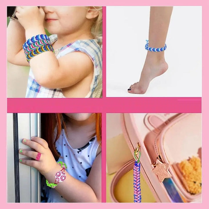 Colorful braided accessories shown as bracelets, an anklet, and a bag charm