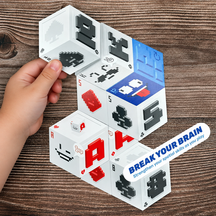 Hand holding a branching 3D card construction with numbers and pixel-style symbols