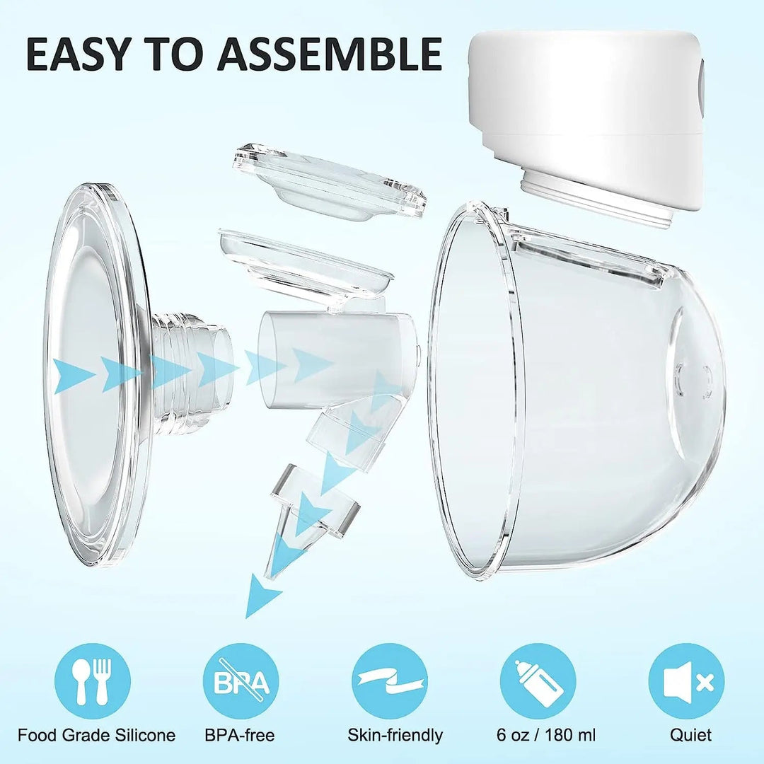 Exploded view of the breast pump showing the motor, flange, collection cup, and internal parts