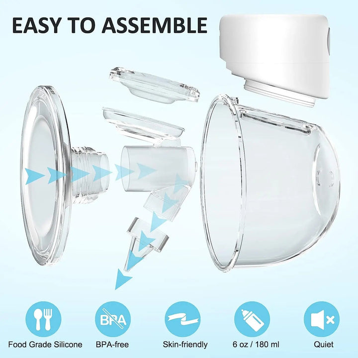 Exploded view of the breast pump showing the motor, flange, collection cup, and internal parts
