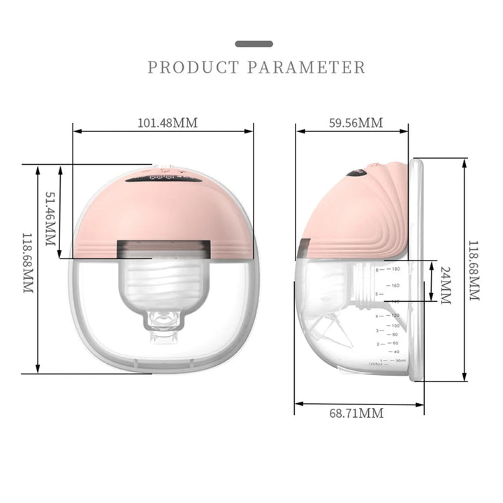 Breast pump measurement diagram with front and side dimensions