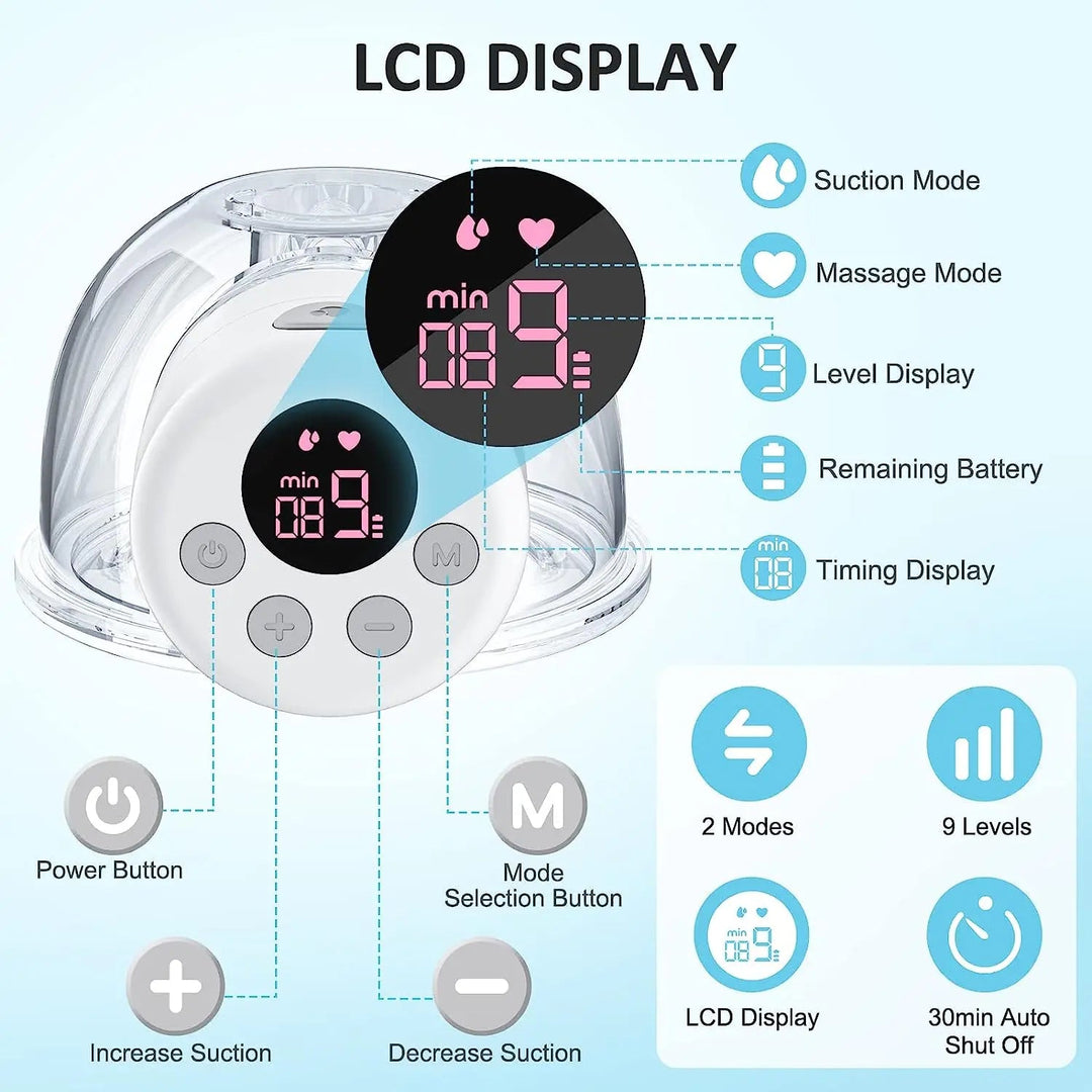 Breast pump LCD showing level, battery, and timer indicators with labeled control buttons