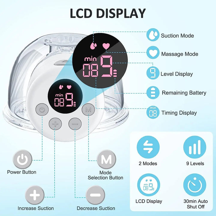 Breast pump LCD showing level, battery, and timer indicators with labeled control buttons