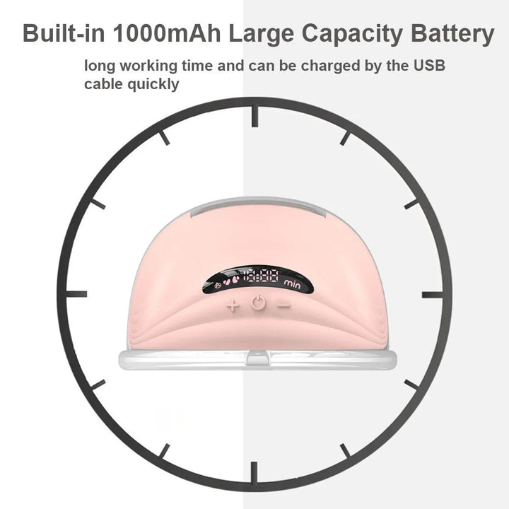 Pink breast pump with a graphic highlighting its 1000mAh USB-rechargeable battery