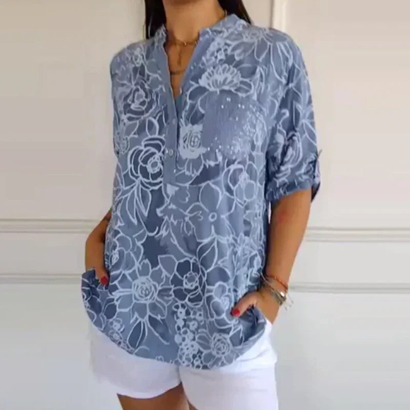 Breezy Floral V Neck Roll Tab Shirt Product Image 01