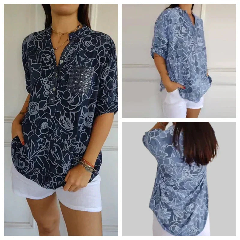 Breezy Floral V Neck Roll Tab Shirt Product Image 02