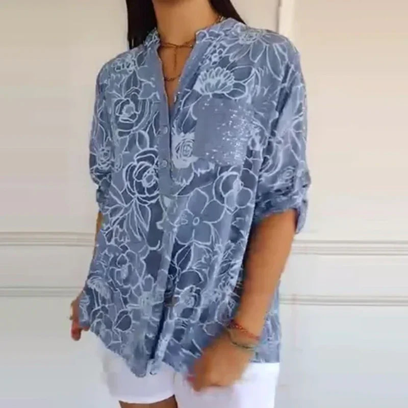 Breezy Floral V Neck Roll Tab Shirt Product Image 04