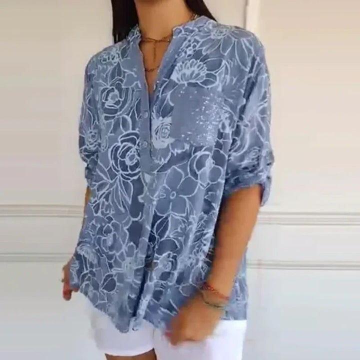Breezy Floral V Neck Roll Tab Shirt Product Image 04