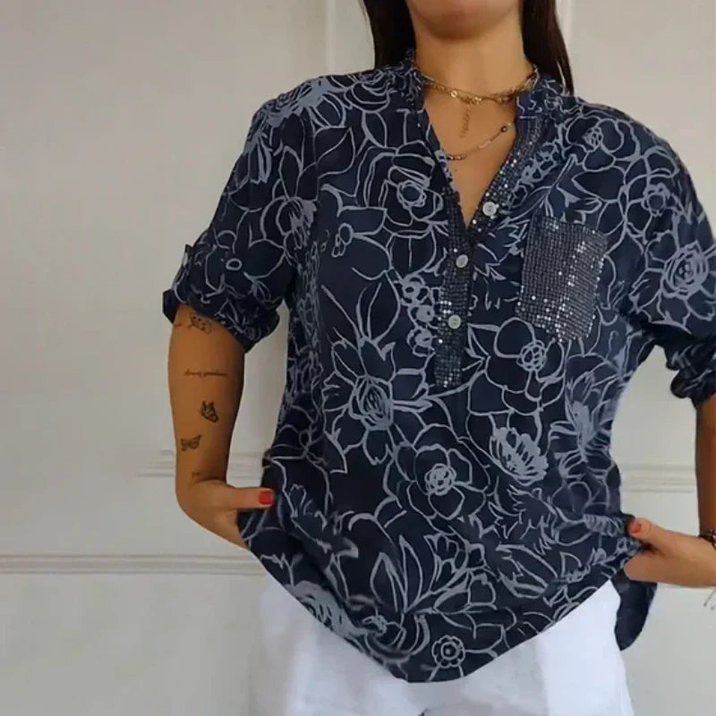 Breezy Floral V Neck Roll Tab Shirt Product Image 05