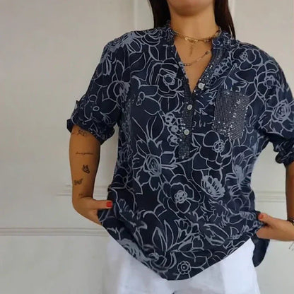 Breezy Floral V Neck Roll Tab Shirt Product Image 05