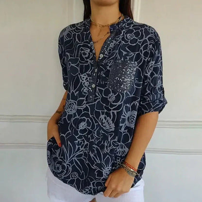 Breezy Floral V Neck Roll Tab Shirt Product Image 06