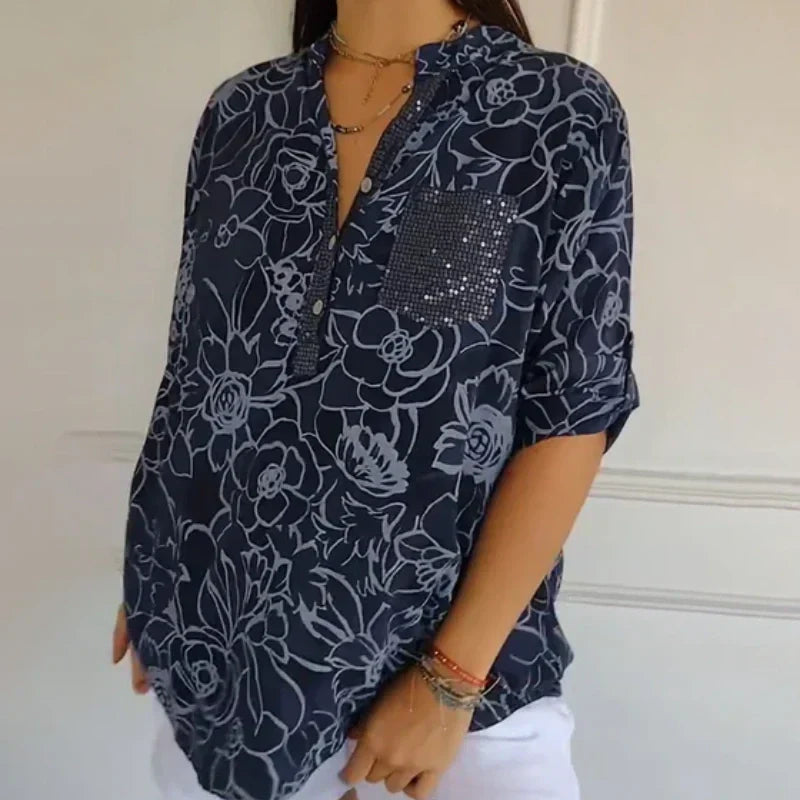 Breezy Floral V Neck Roll Tab Shirt Product Image 07