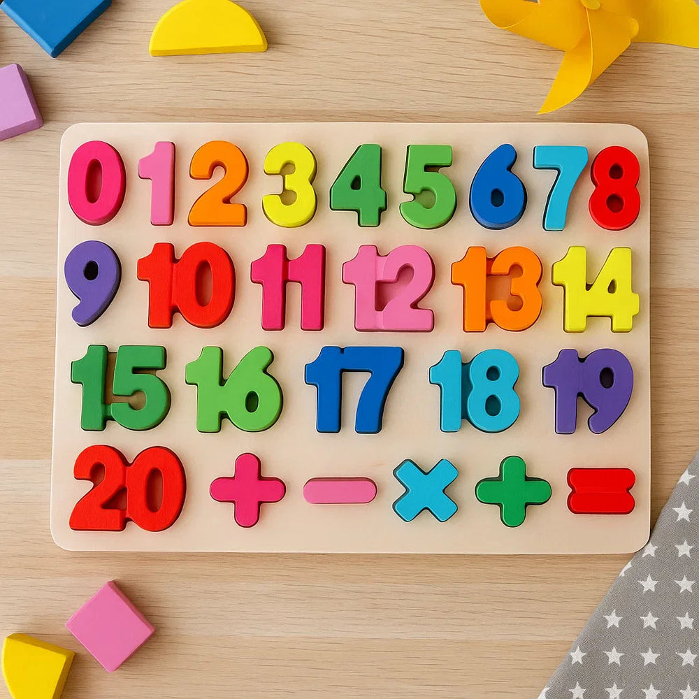 Wooden arithmetic puzzle with colorful numbers from 0 to 20 and math symbols