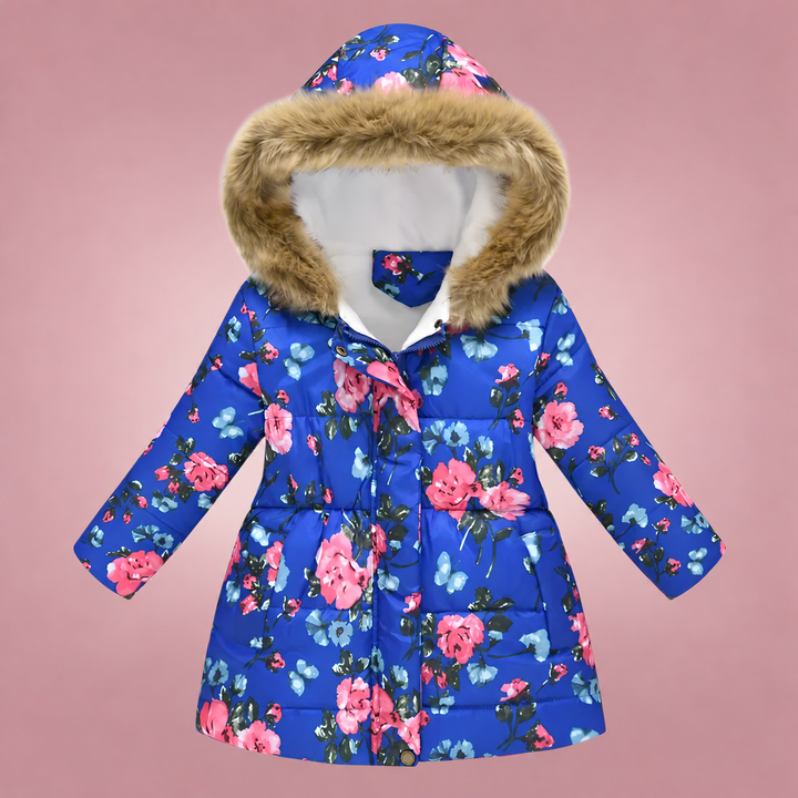 Bright blue quilted winter coat with pink roses and fluffy hood trim