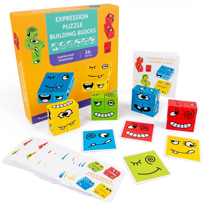 Wooden expression puzzle with colorful face blocks, matching cards, instruction booklet, and storage box