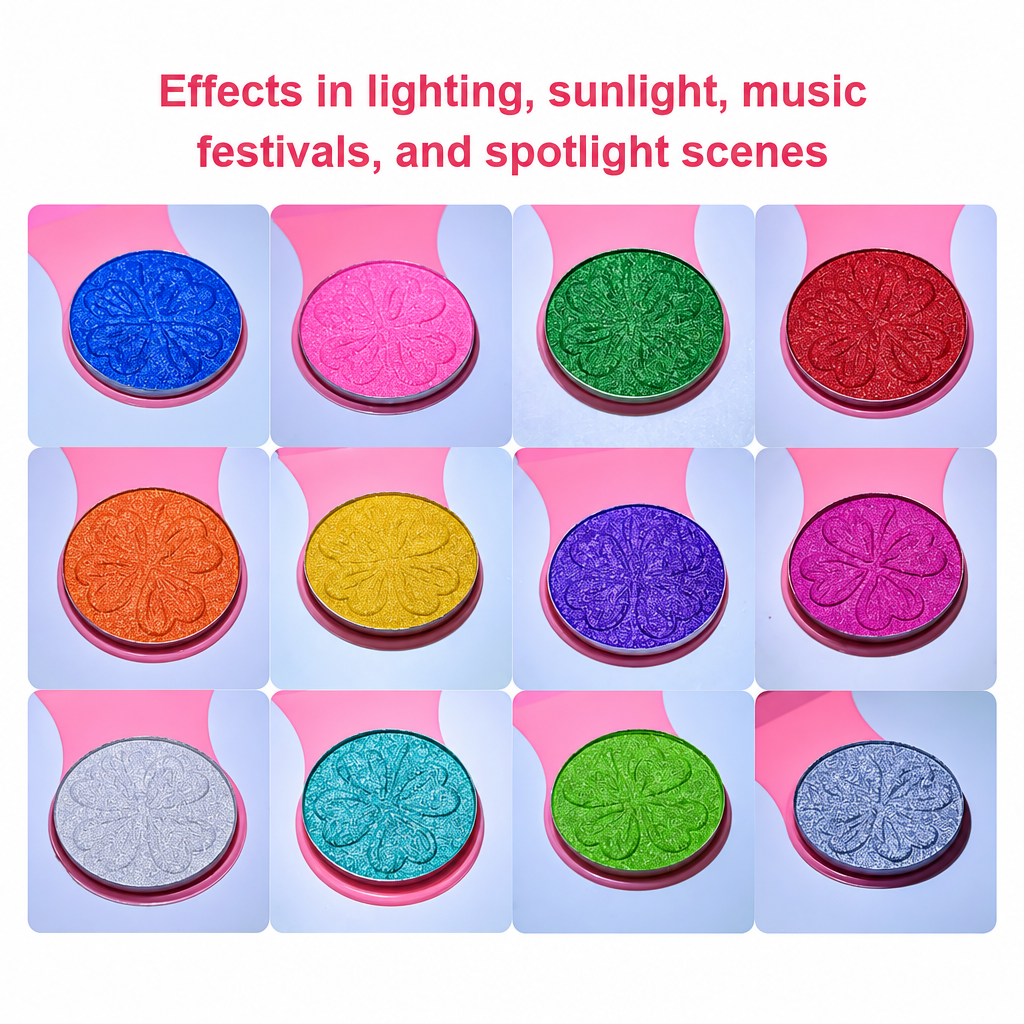 Close-up grid of 12 brightly colored hair chalk pans