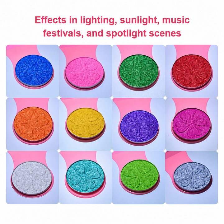 Close-up grid of 12 brightly colored hair chalk pans