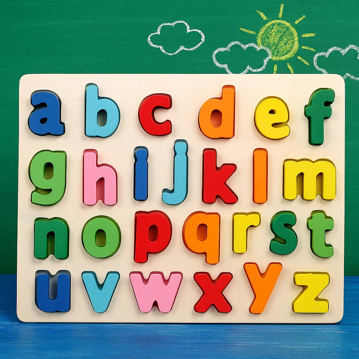 Bright lowercase wooden alphabet puzzle against a green chalkboard backdrop