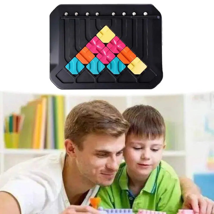 Colorful track puzzle on a black board above an adult and child playing together