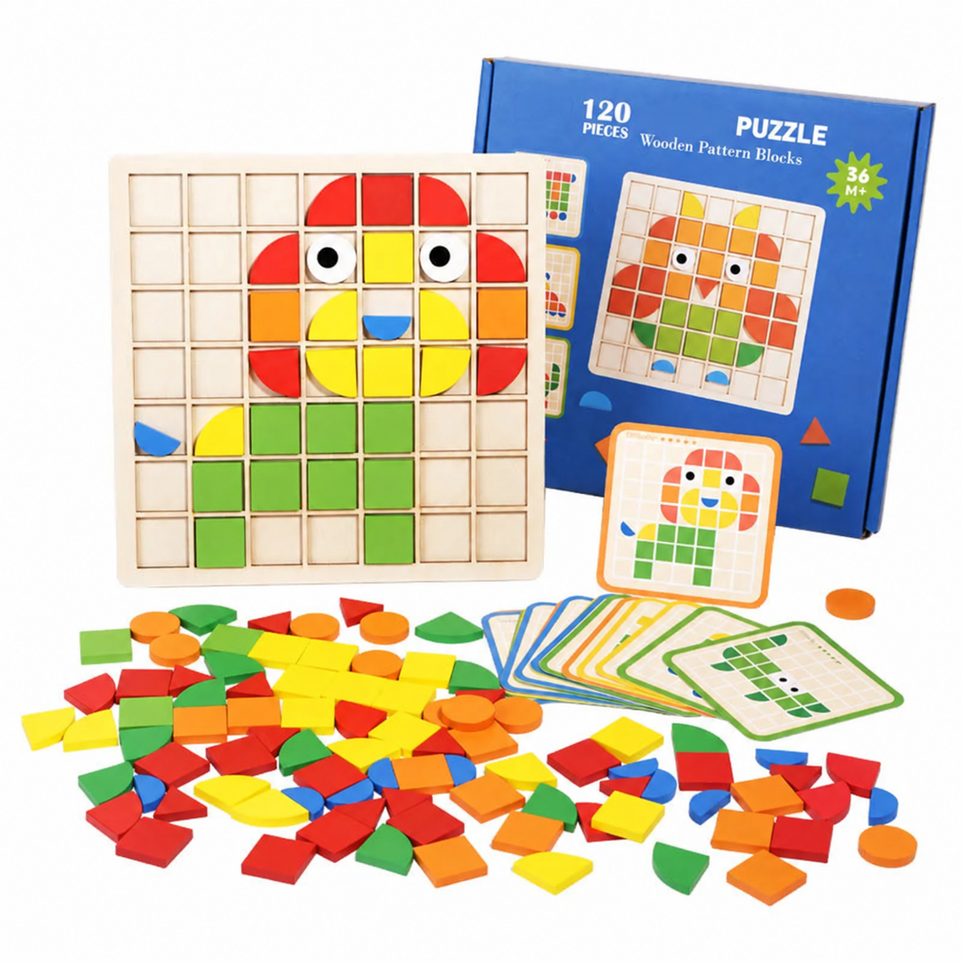 Wooden pattern puzzle with a lion design, colorful pieces, picture cards, and box