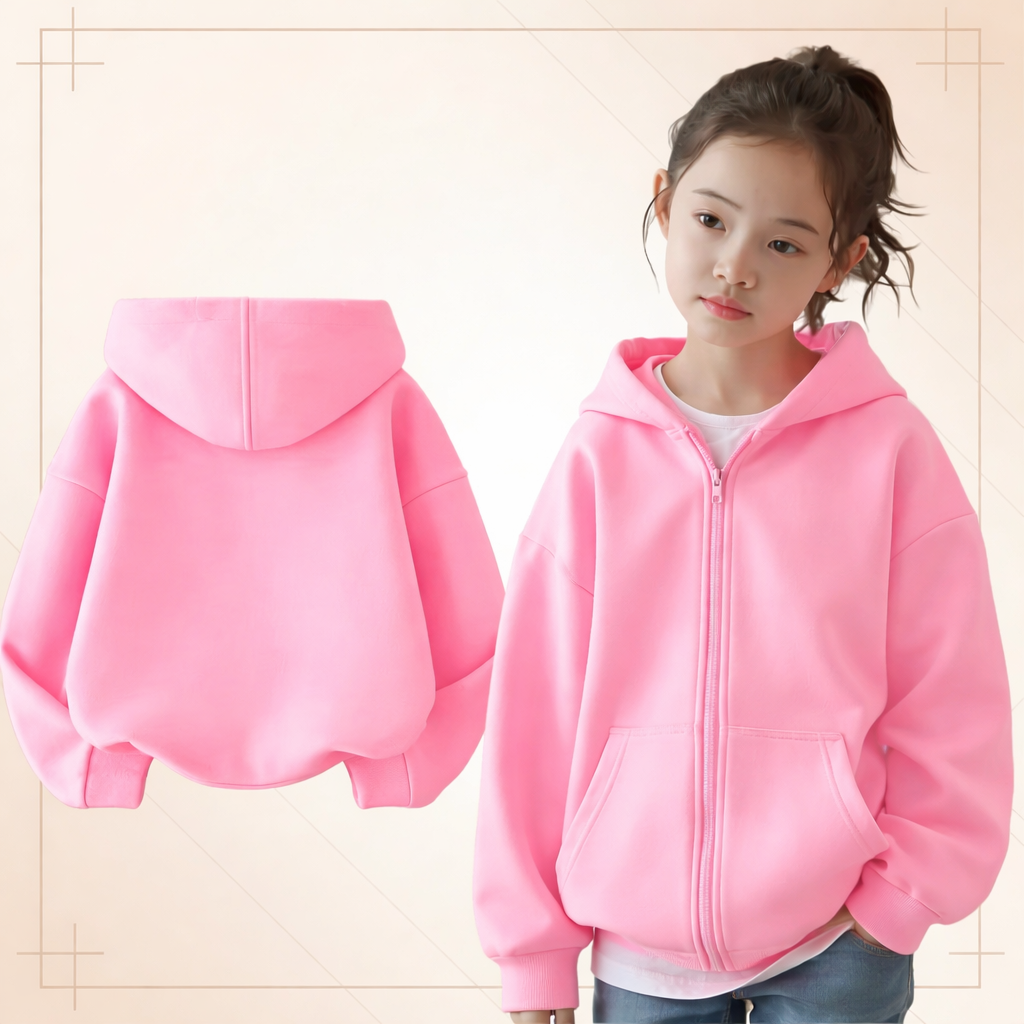 Bright pink zip-up hoodie shown on a child alongside a back view.