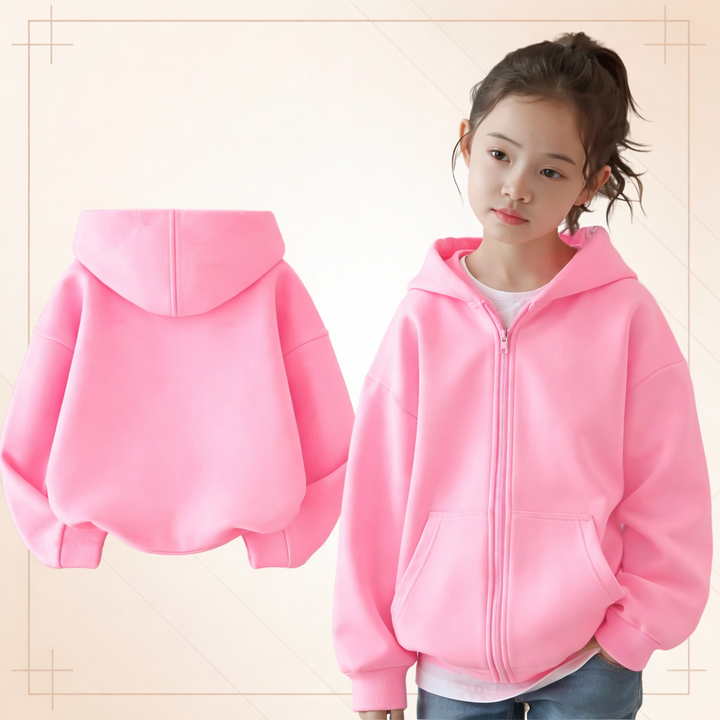 Bright pink zip-up hoodie shown on a child alongside a back view.