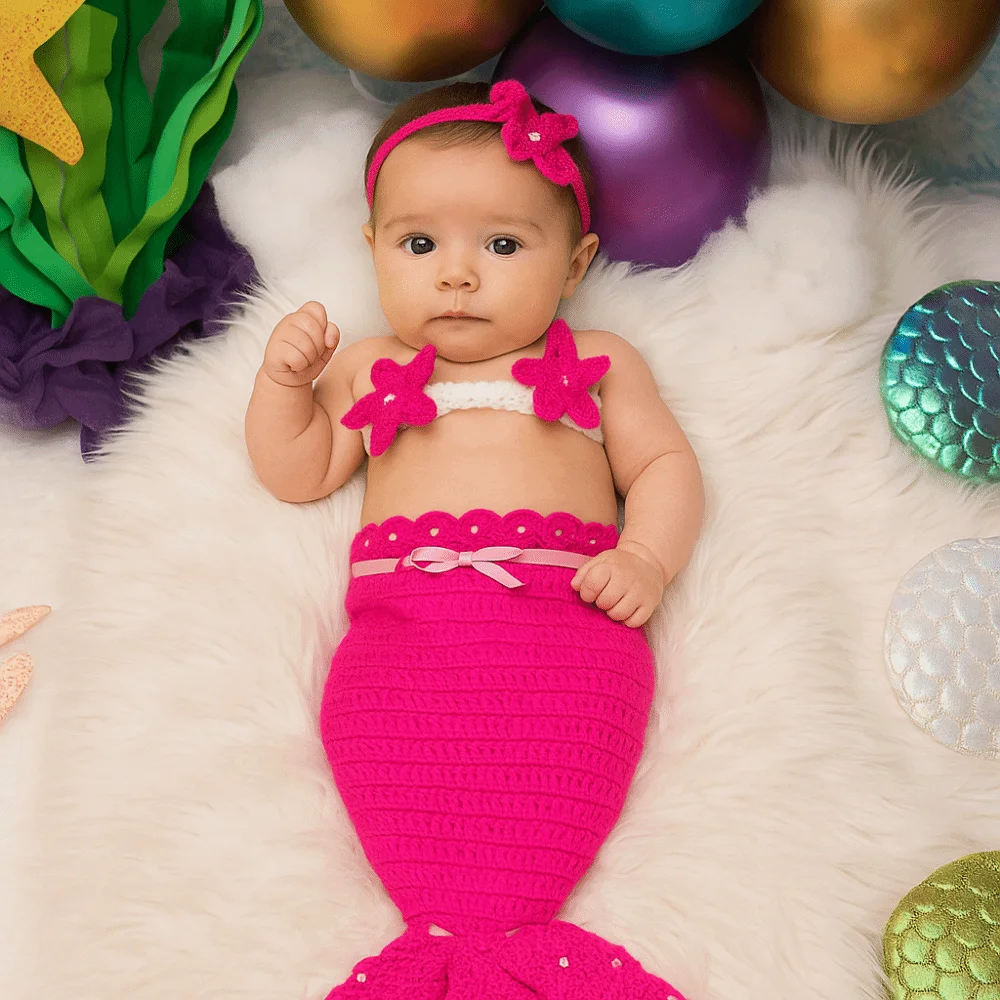 Baby wearing a bright pink mermaid costume beside colorful balloons