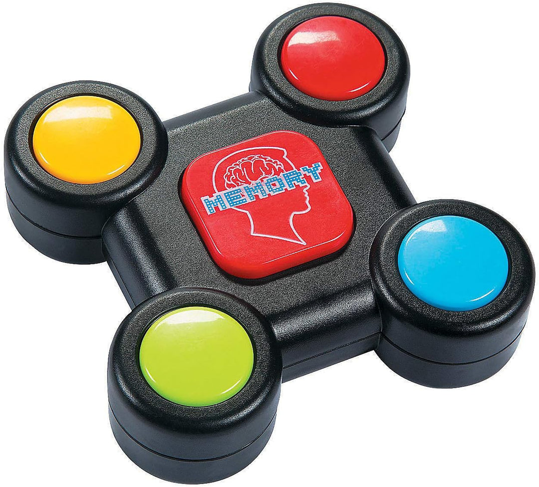 Black memory game with red, yellow, blue, and green buttons around a red center