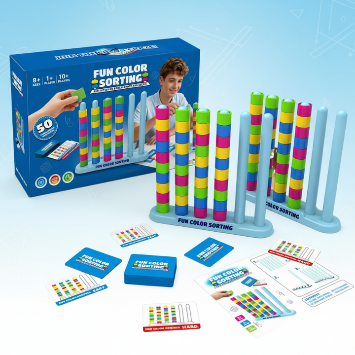 Color sorting game with blue rod stands, colorful rings, pattern cards, and a retail box