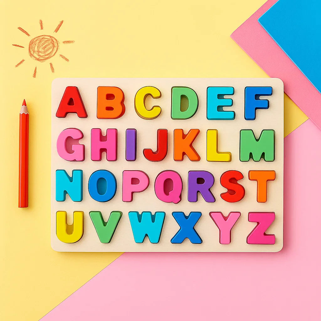 Colorful uppercase wooden alphabet puzzle on a yellow and pink surface